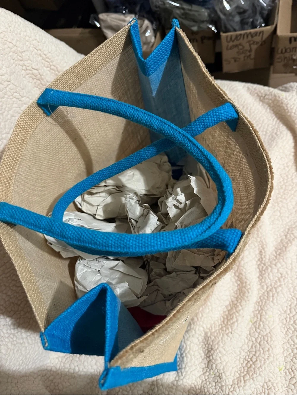 The Bahamas Jute Laptop Tote Bag with Blue Trim